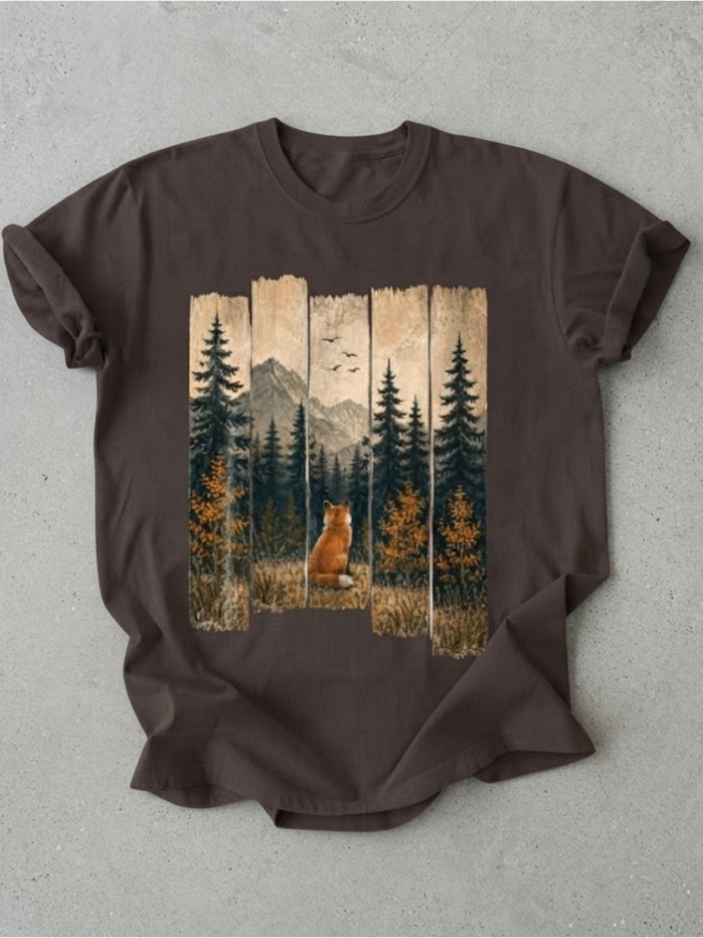 Fox Forest Mountain Autumn Wildlife Dark Brown Gildan T-Shirt